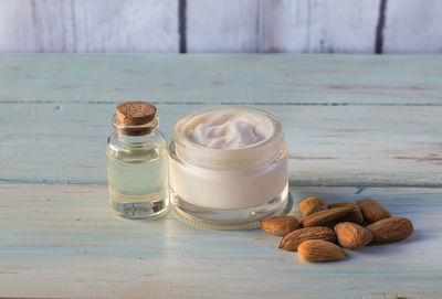 Close-up of ice cream in jar on table