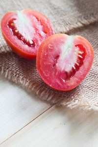 High angle view of strawberries on table