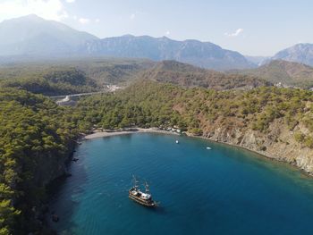 High angle view of sea and mountains