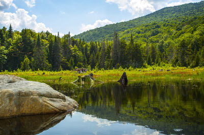 Scenic view of lake by mountain against sky