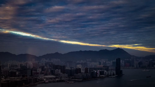 Scenic view of buildings in city against sky at sunset