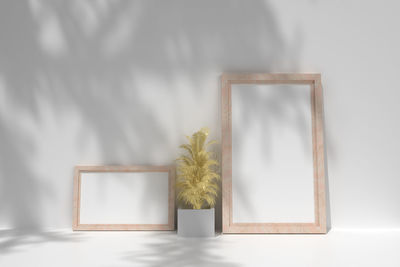 Close-up of potted plant on table against wall