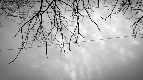 Low angle view of bare tree against cloudy sky