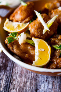 Close-up of food served in plate on table