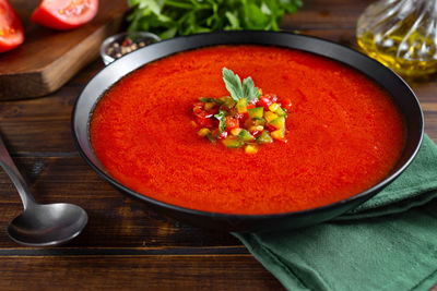 High angle view of soup in bowl on table