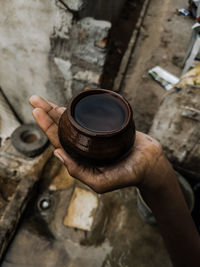 High angle view of person working in container