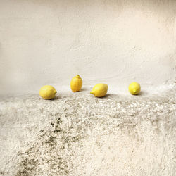 Close-up of yellow lemons by wall