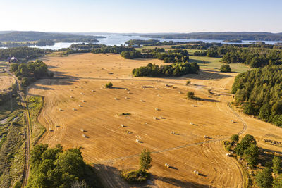 High angle view of harvested field