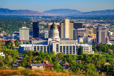 High angle view of buildings in city