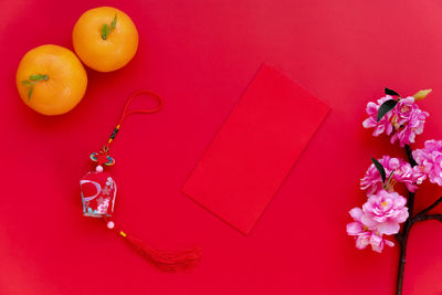 High angle view of red chili peppers on table