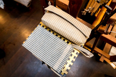 High angle view of camera on table