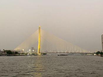 Bridge over river in city against clear sky