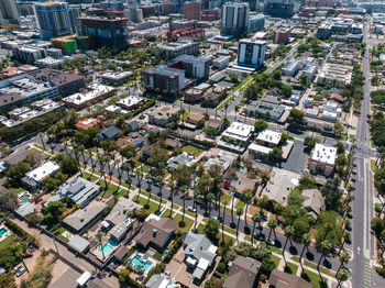 High angle view of buildings in city