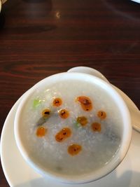 High angle view of soup in bowl on table