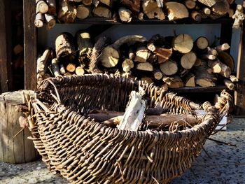 Stack of firewood in basket