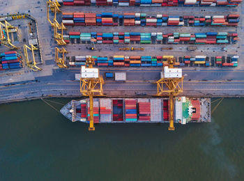 High angle view of container ship at harbor