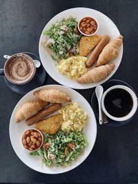 High angle view of breakfast served on table