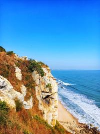 Scenic view of sea against clear blue sky