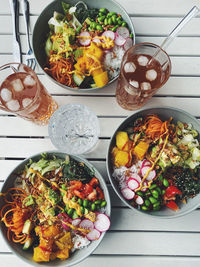 High angle view of food served on table