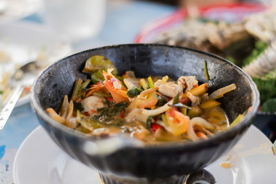 Close-up of meal served in bowl on table