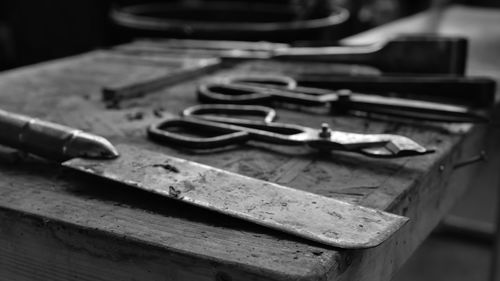 Close-up of tools on table