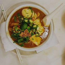 High angle view of soup in bowl