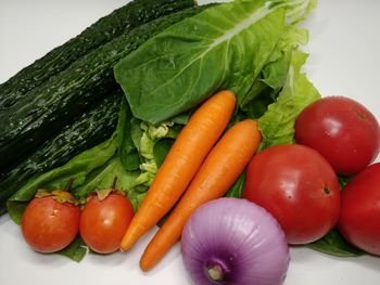 High angle view of chopped fruits and vegetables