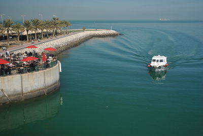 High angle view of ship in sea against sky