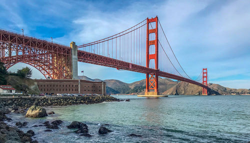 View of suspension bridge against cloudy sky in san francisco.