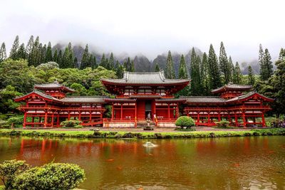 Traditional buildings by lake against sky