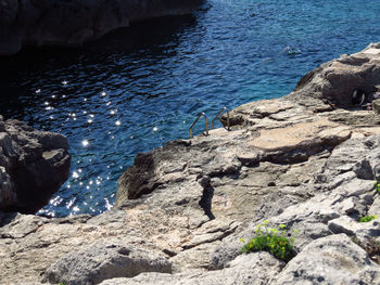 High angle view of rock formations on shore
