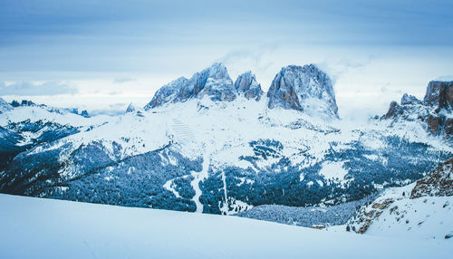 Scenic view of mountains against sky during winter