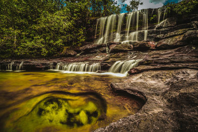 Water flowing through rocks in forest