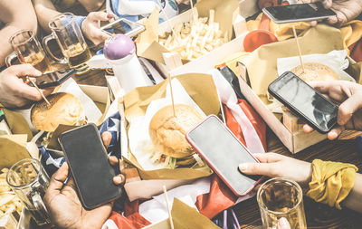 High angle view of people having food