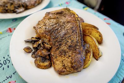 High angle view of food in plate on table