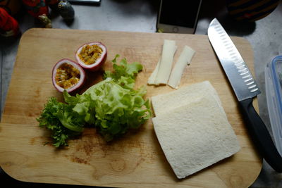 High angle view of chopped vegetables on cutting board