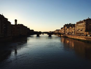 View of buildings by river against clear sky