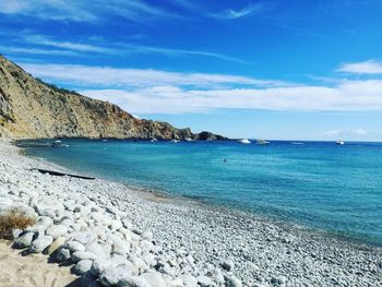 Scenic view of sea against blue sky