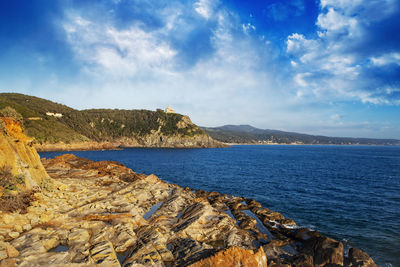 Scenic view of bay against sky