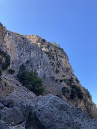 Low angle view of rock formation against clear blue sky