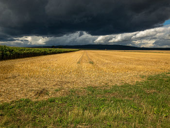 Scenic view of field against cloudy sky