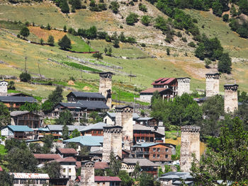 High angle view of buildings in town