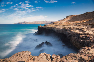 Panoramic view of sea and rocks against sky