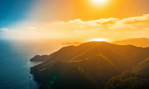 Aerial of sea against sky during sunset