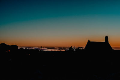 Silhouette buildings against clear sky during sunset