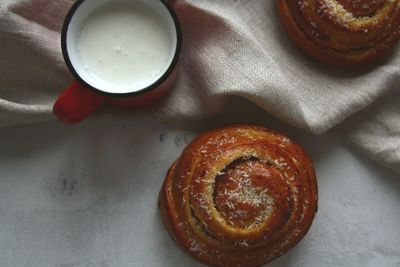 High angle view of breakfast on table