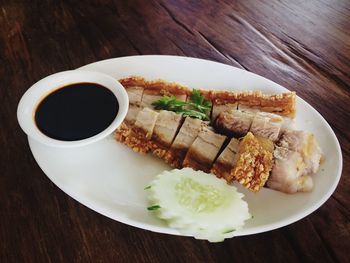 High angle view of food in plate on table