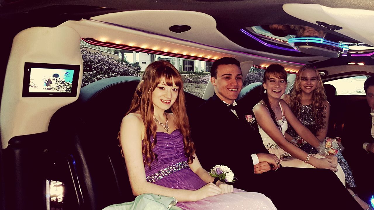 The whole gang in the limo on the way to Prom