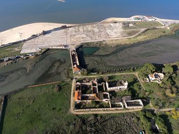 High angle view of land against sky