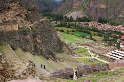 High angle view of inca ruins on mountain